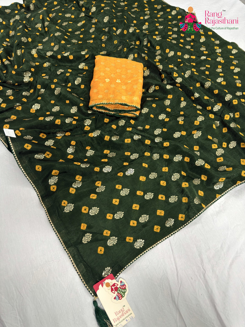 complete look of green pure dola silk bandhani saree
