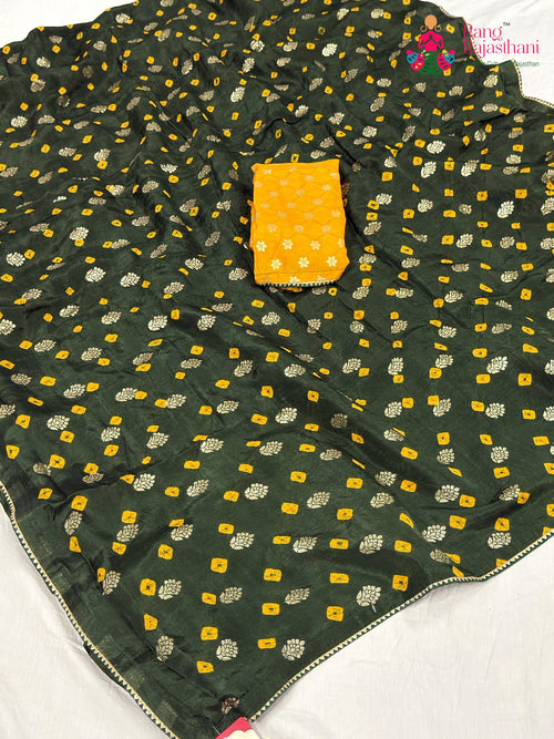 Green Pure Dola Silk Hand Tie Dye Bandhani Chunri Saree for Mehendi Ceremony | Classic Edit main-image