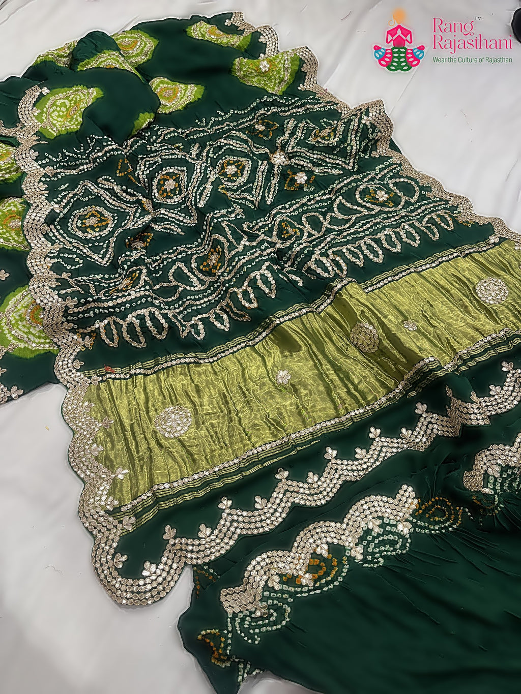 green pure gajji silk gota patti saree for mehendi ceremony by Rang Rajasthani
