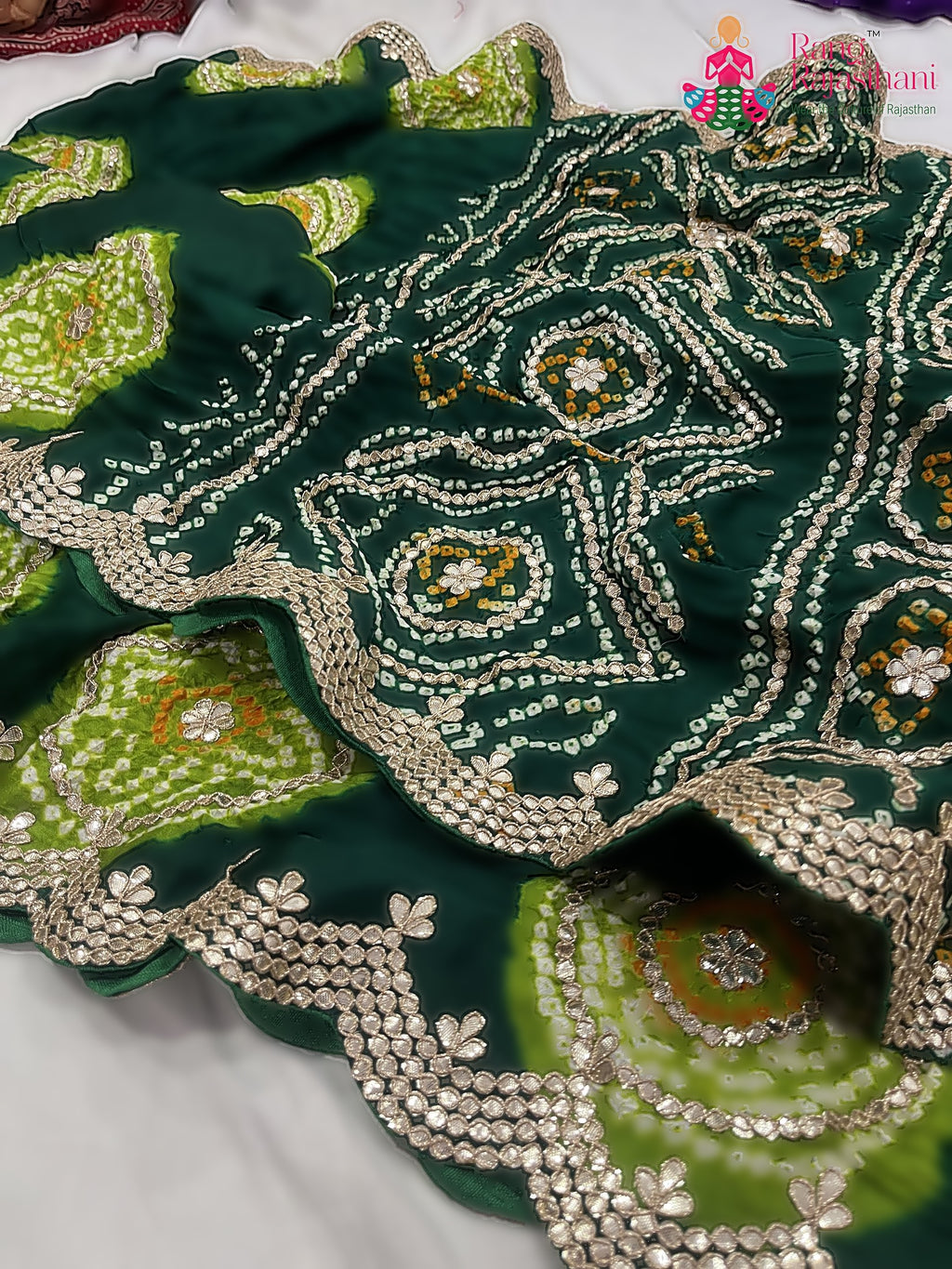 pallu detailing of green pure gajji silk gota patti saree 