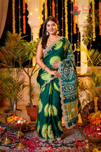 Green Pure Gaji Silk Hand Tie Dye Bandhani Gharchola Saree for Mehendi Ceremony | Statement Pick