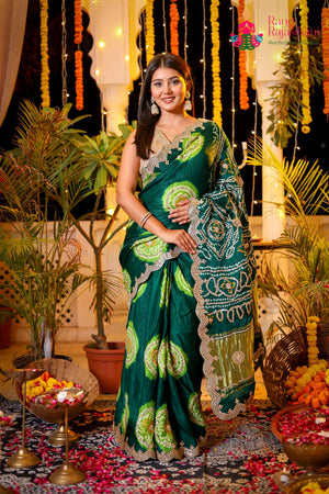 Green Pure Gaji Silk Hand Tie Dye Bandhani Gharchola Saree for Mehendi Ceremony | Statement Pick