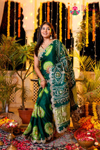 Green Pure Gaji Silk Hand Tie Dye Bandhani Gharchola Saree for Mehendi Ceremony | Statement Pick