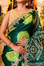 Green Pure Gaji Silk Hand Tie Dye Bandhani Gharchola Saree for Mehendi Ceremony | Statement Pick