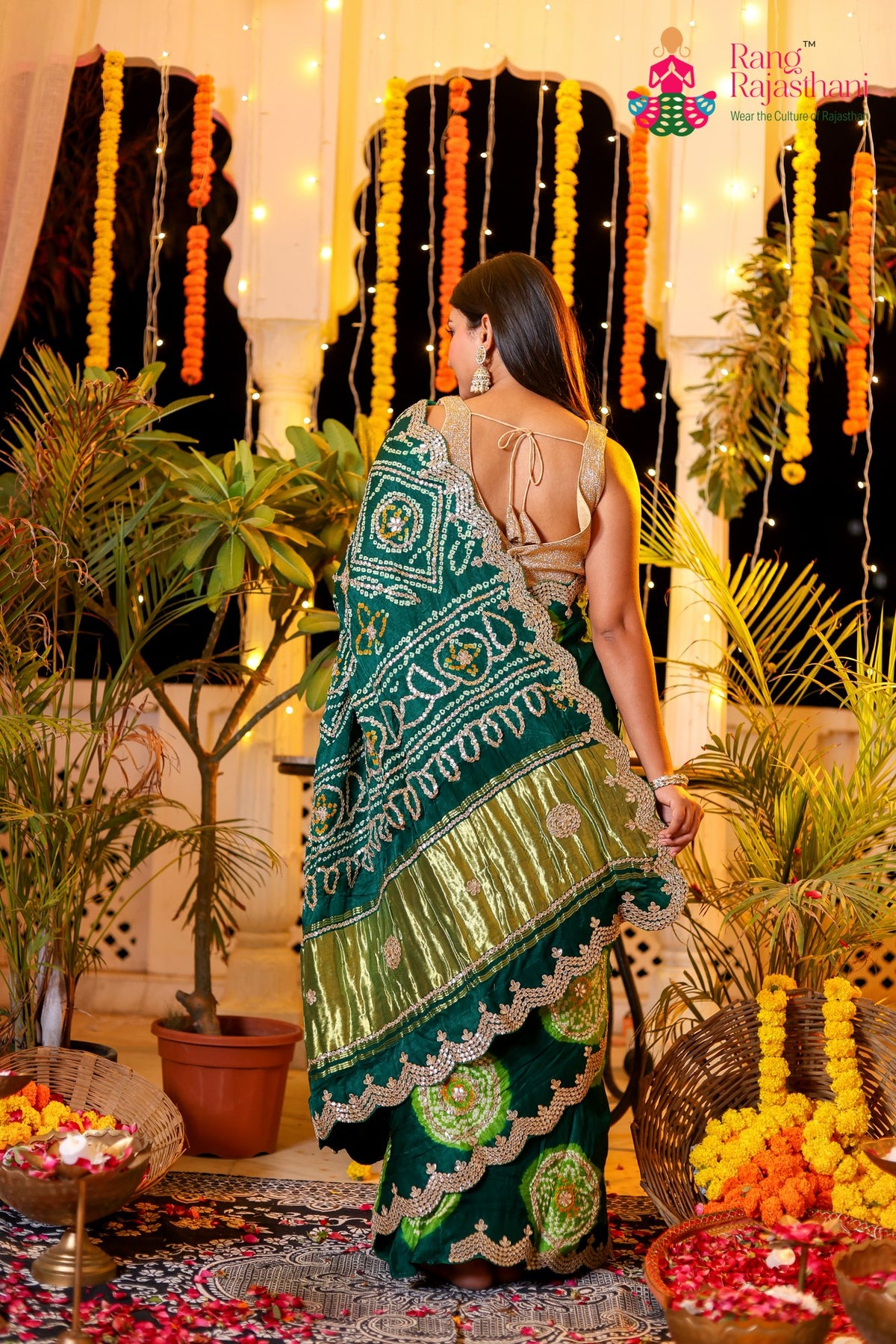 Green Pure Gaji Silk Hand Tie Dye Bandhani Gharchola Saree for Mehendi Ceremony | Statement Pick