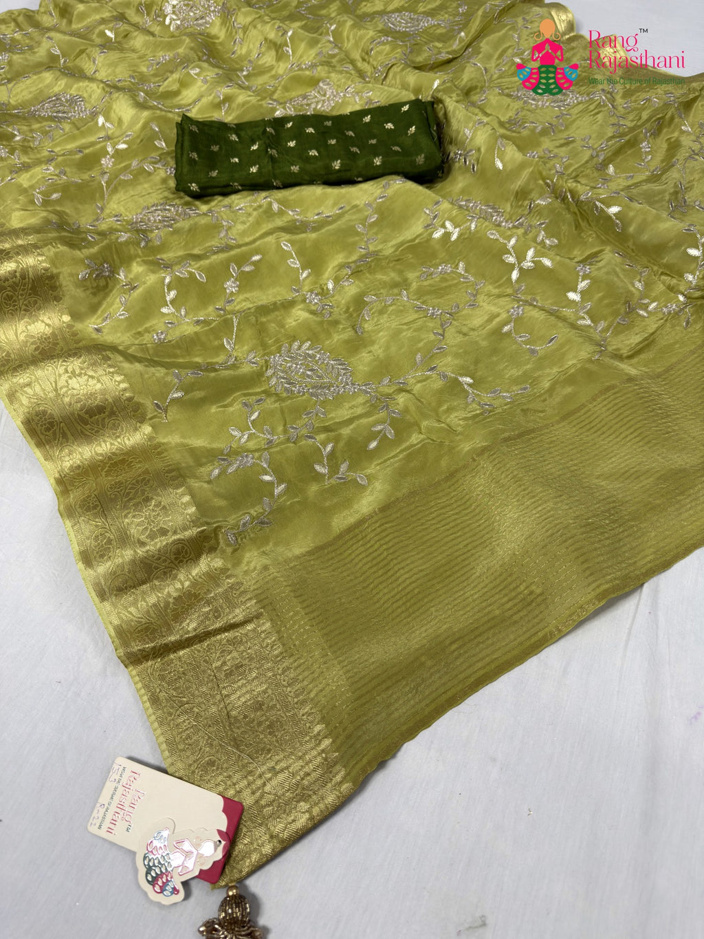 green pure ho silk zari embroidery saree for bridal wear by Rang Rajasthani
