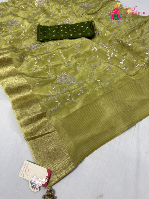 Green Pure Ho Silk Zari Embroidery Saree : Fresh Ease main-image