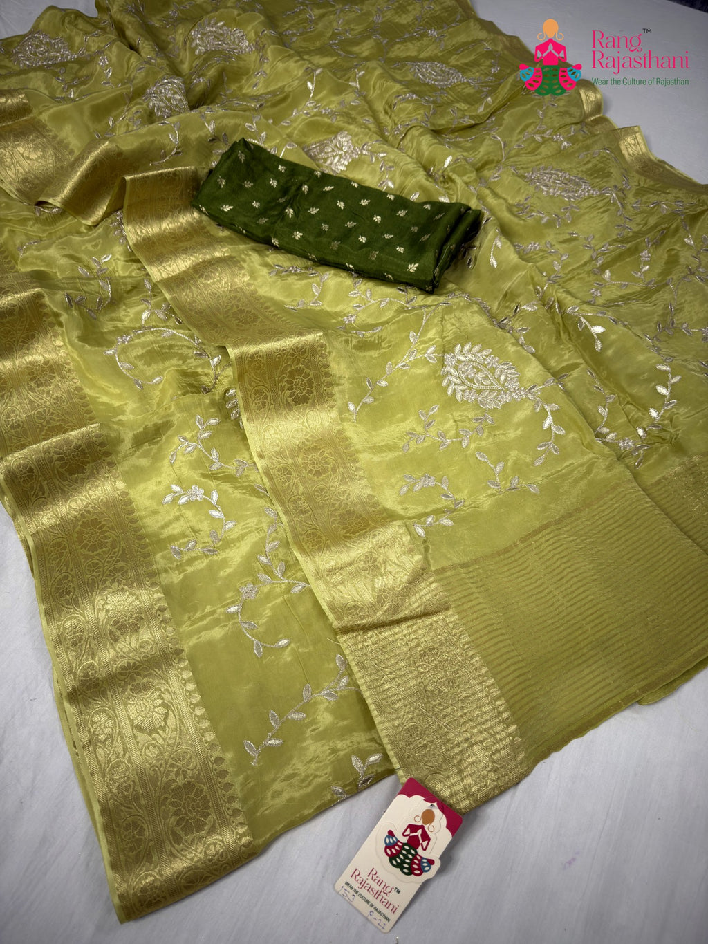 complete look of green pure ho silk zari embroidery saree