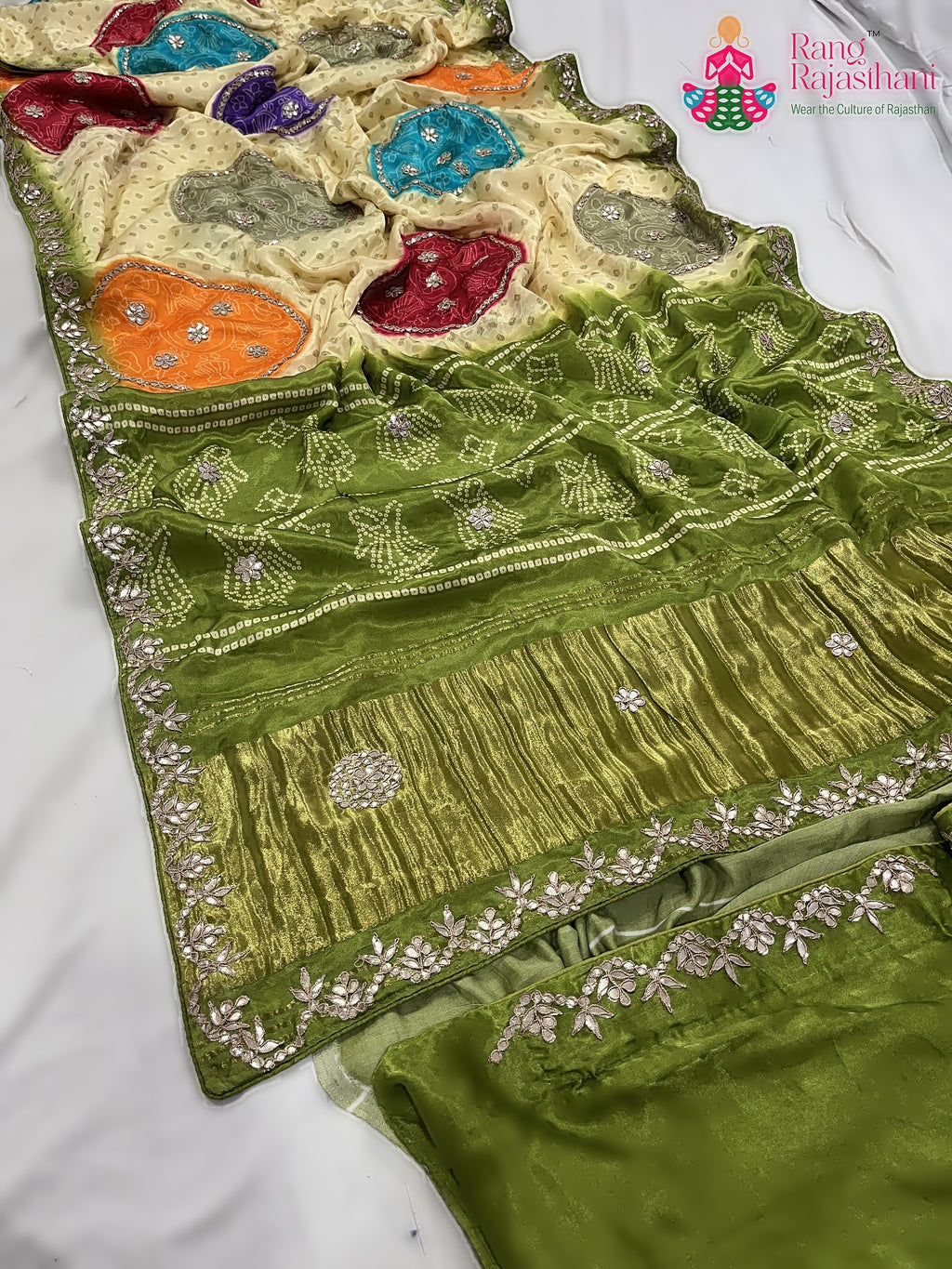 green pure modal silk gota patti saree for mayra ceremony by Rang Rajasthani