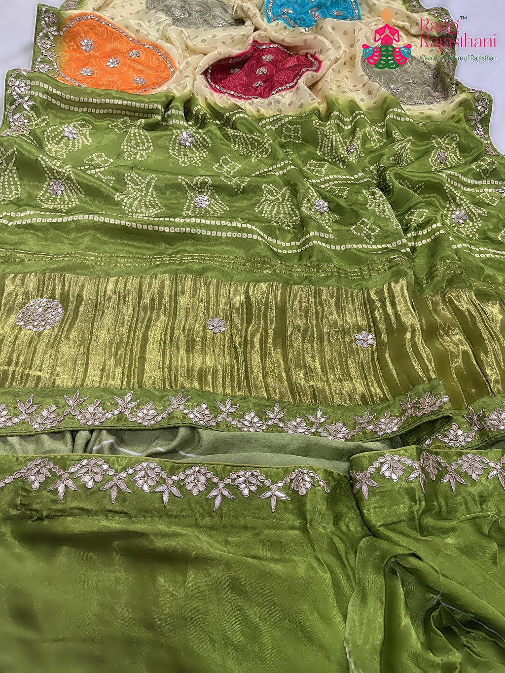 close up detailing of green pure modal silk gota patti saree 