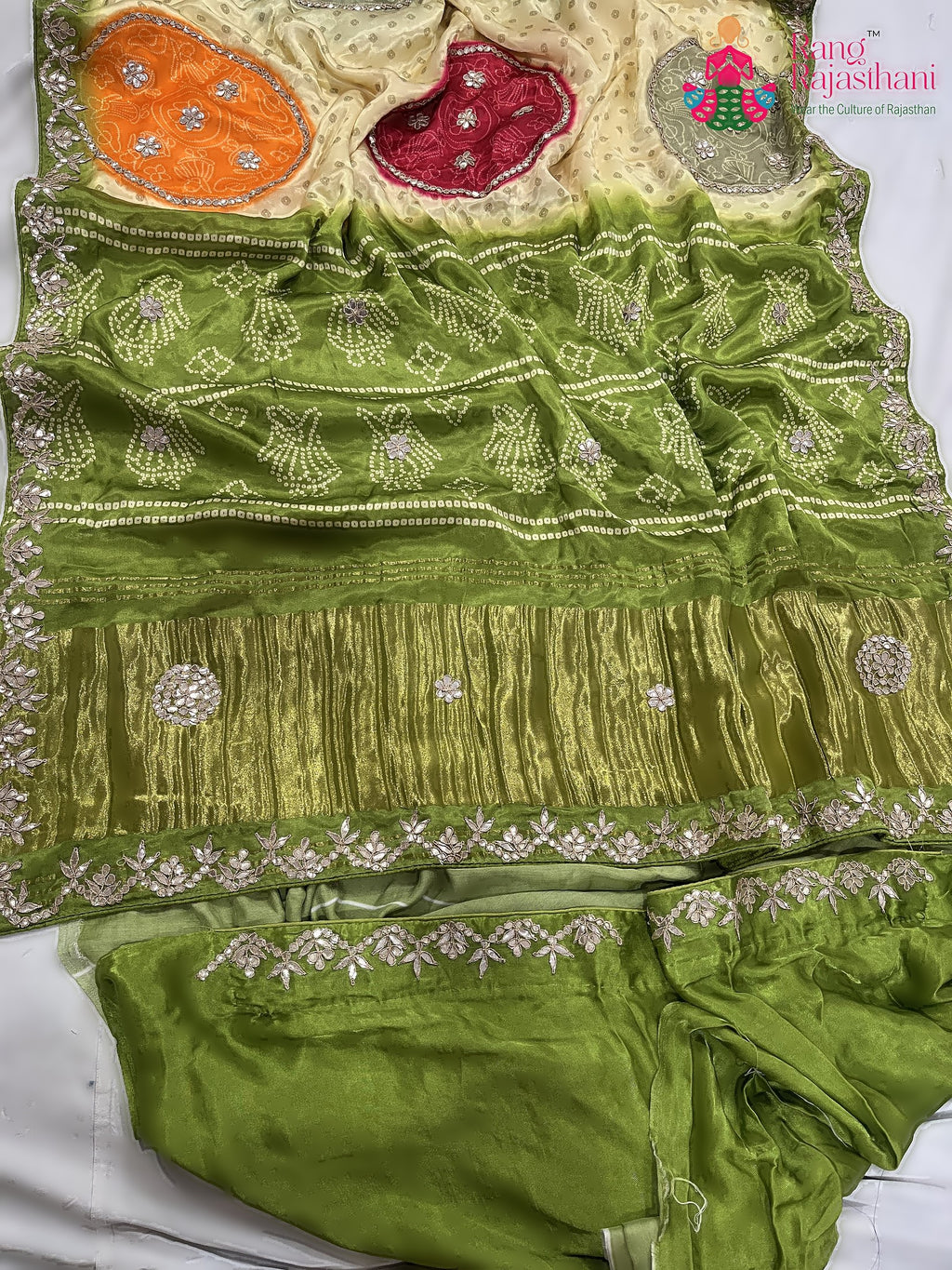 pallu detailing of green pure modal silk gota patti saree 