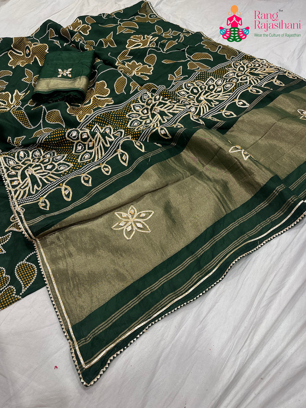 Green Pure Russian Silk Bandhani Work Saree : Festive Flow