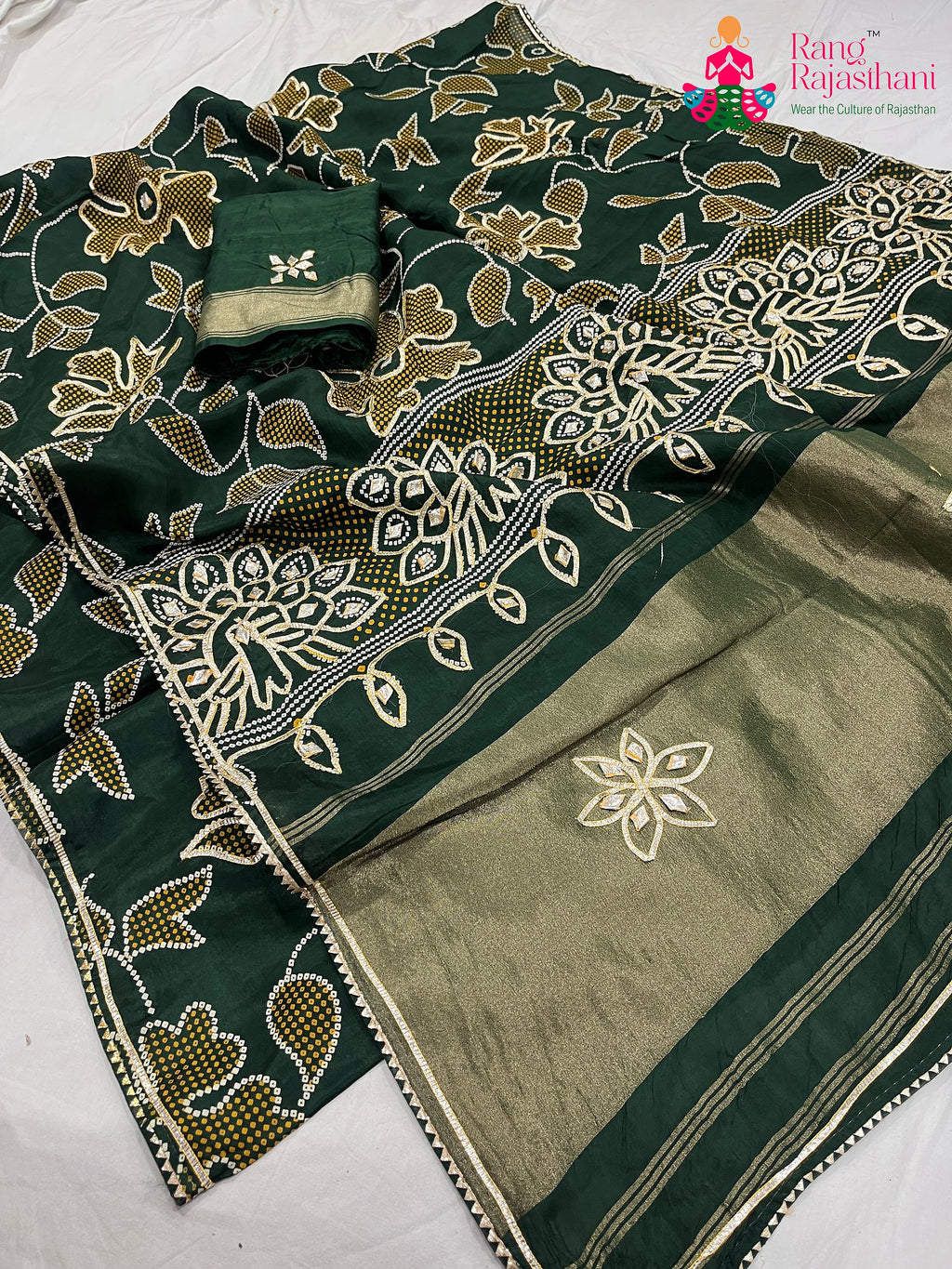 Green Pure Russian Silk Bandhani Work Saree : Festive Flow