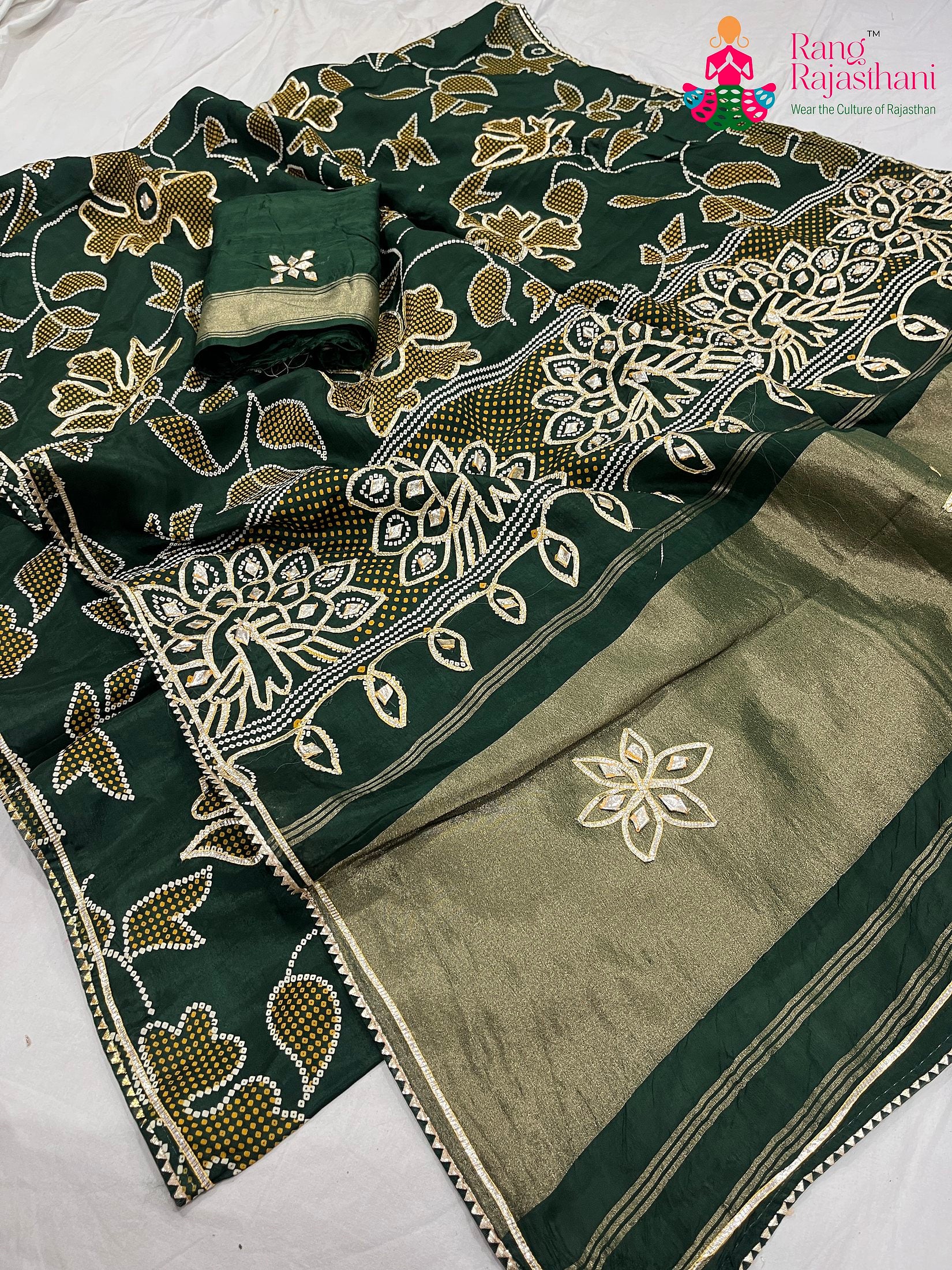 Green Pure Russian Silk Bandhani Work Saree : Festive Flow