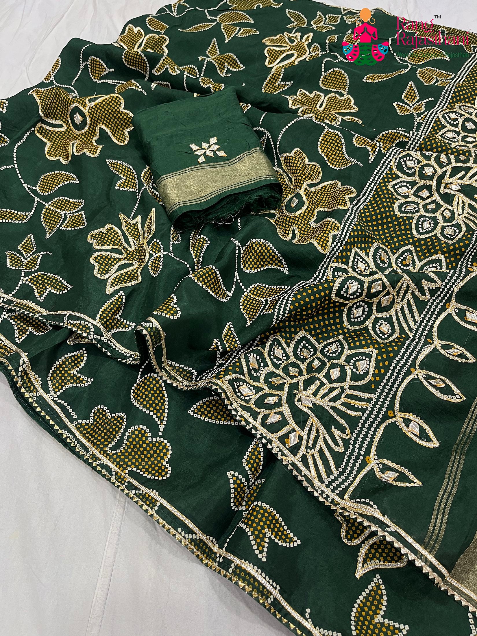Green Pure Russian Silk Bandhani Work Saree : Festive Flow