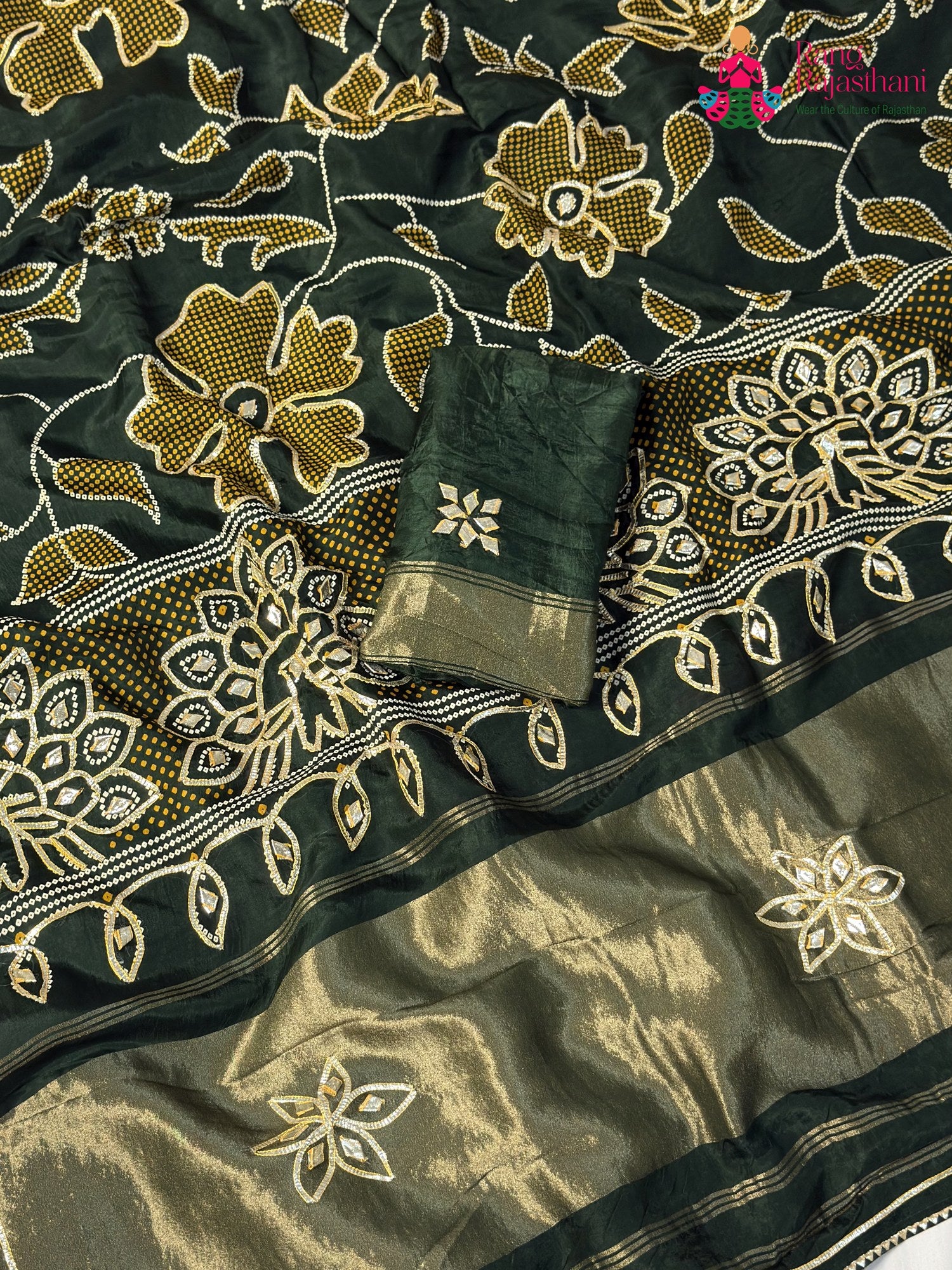Green Pure Russian Silk Bandhani Chunri Saree for Mehendi Ceremony | Luxury Edit
