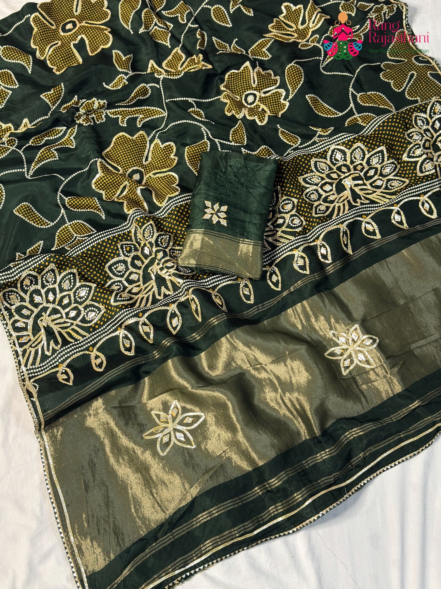 Green Pure Russian Silk Bandhani Chunri Saree for Mehendi Ceremony | Luxury Edit