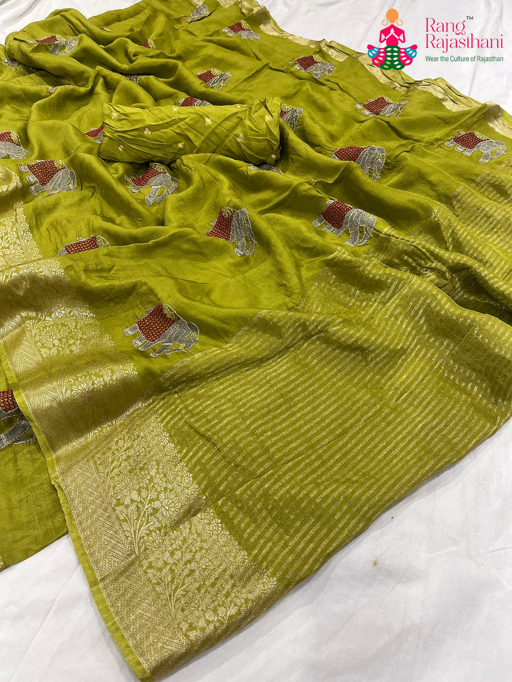 complete look of green pure Russian silk resham embroidery saree 