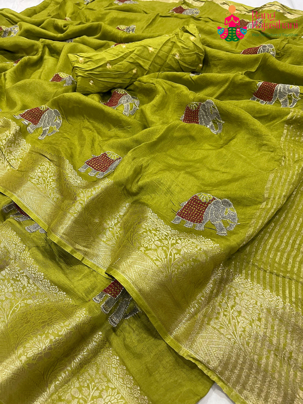 close up detailing of green pure Russian silk resham embroidery saree 