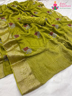 pallu detailing of green pure Russian silk resham embroidery saree 