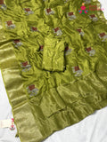 Green Pure Russian Silk Resham Embroidery Saree for Mehendi Ceremony | Indian Wear