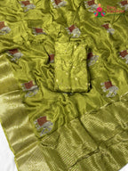 pallu detailing of green pure russsian silk resham embroidery saree