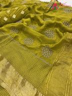 pallu detailing of green pure silk zari embroidery saree 