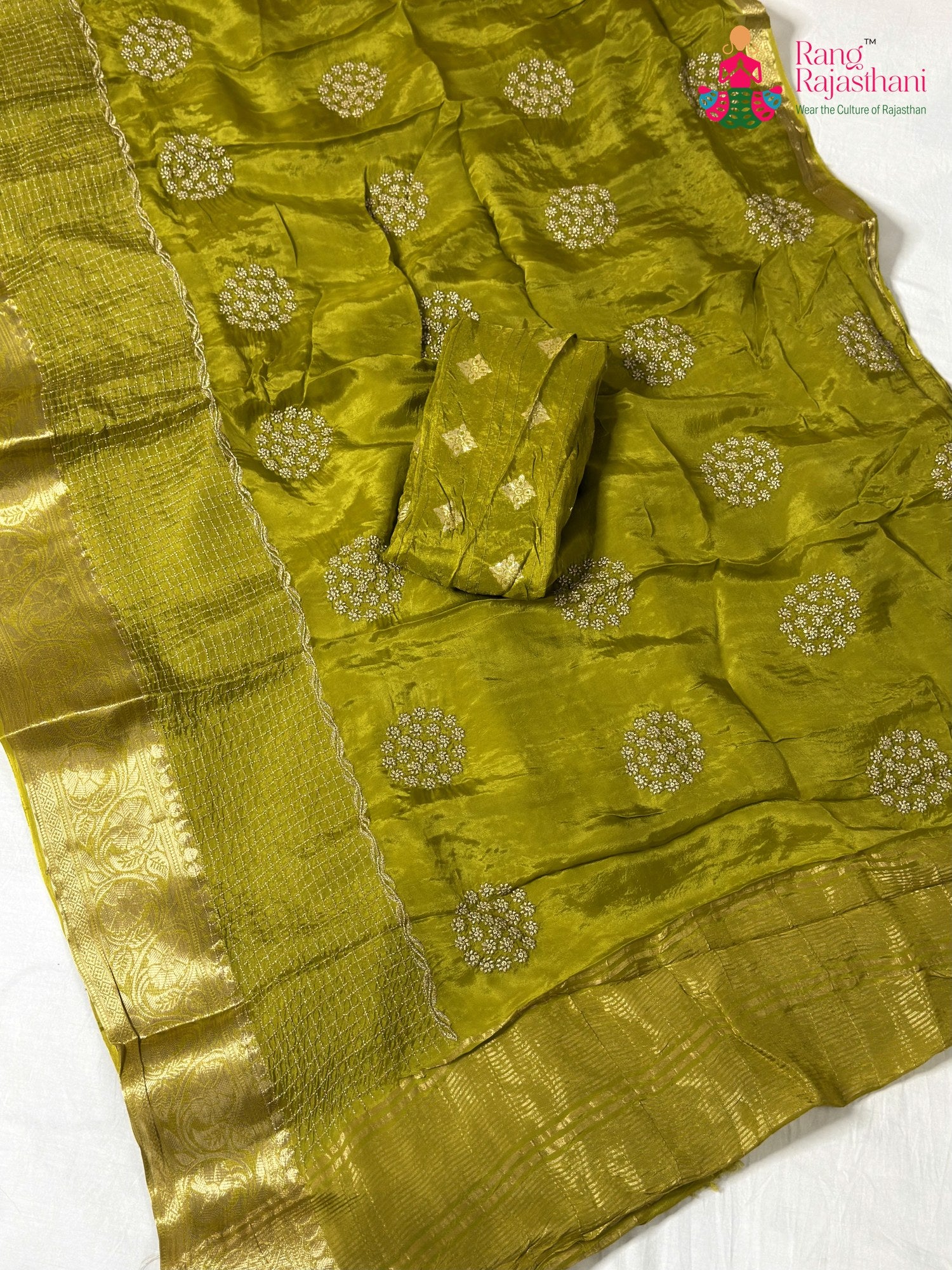 Green Pure Russian Silk Zari Embroidery Saree for Mehendi Ceremony | Lightweight Pick