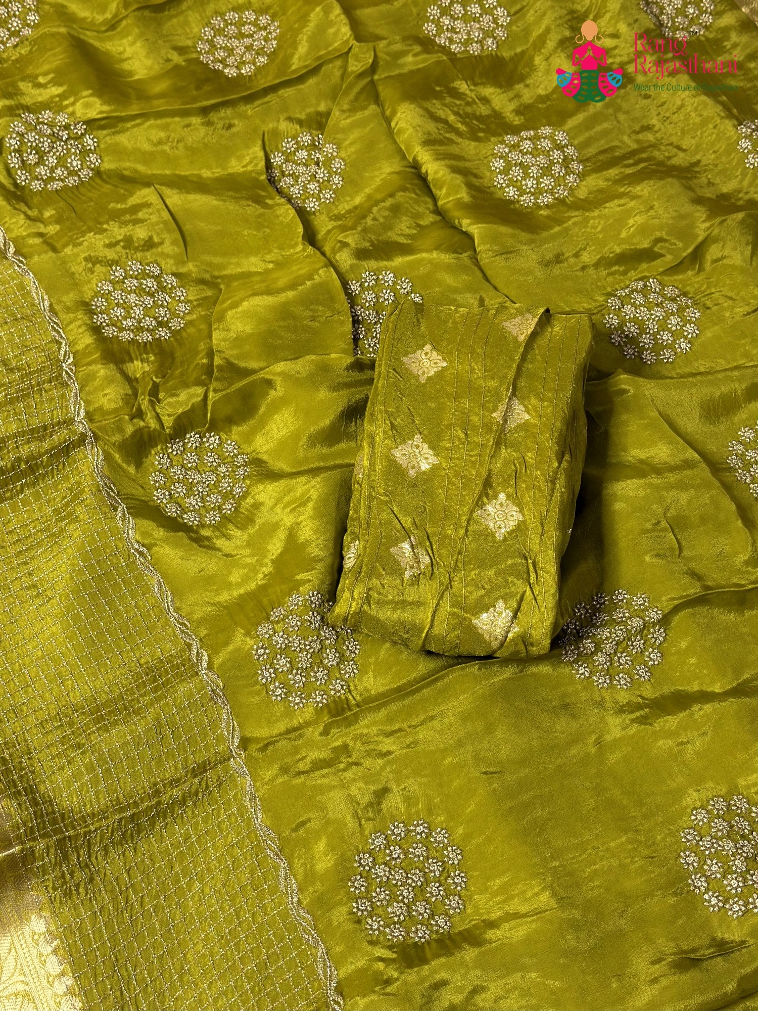 Green Pure Russian Silk Zari Embroidery Saree for Mehendi Ceremony | Lightweight Pick
