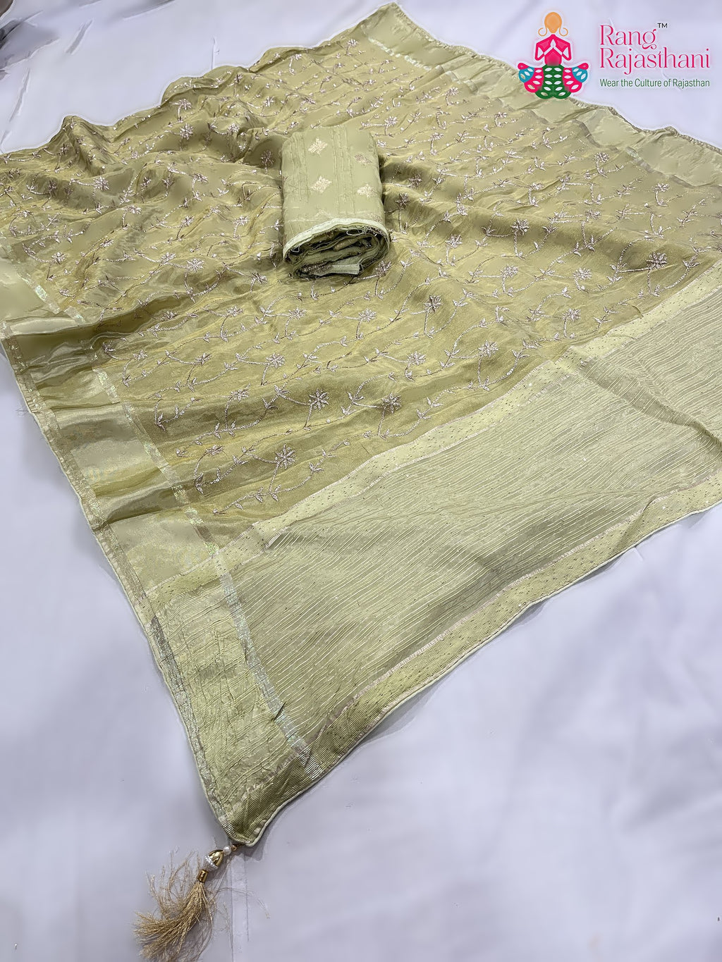 green pure tissue silk zari embroidery saree for festive celebration by Rang Rajasthani