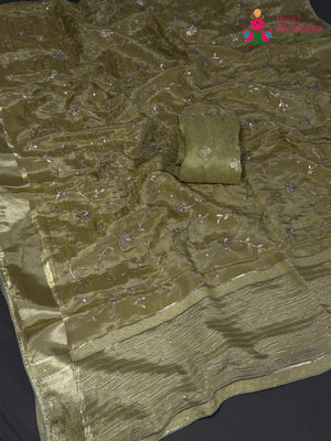 Green Pure Tissue Silk Zari Embroidery Saree for Festive Celebration | Artisan Edit
