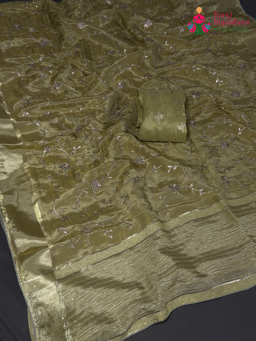 Olive Green Pure Tissue Silk Zari Embroidery Saree for Festive Celebration | Heritage Collection main-image
