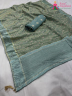 pallu detailing of green pure tissue silk zari embroidery saree 