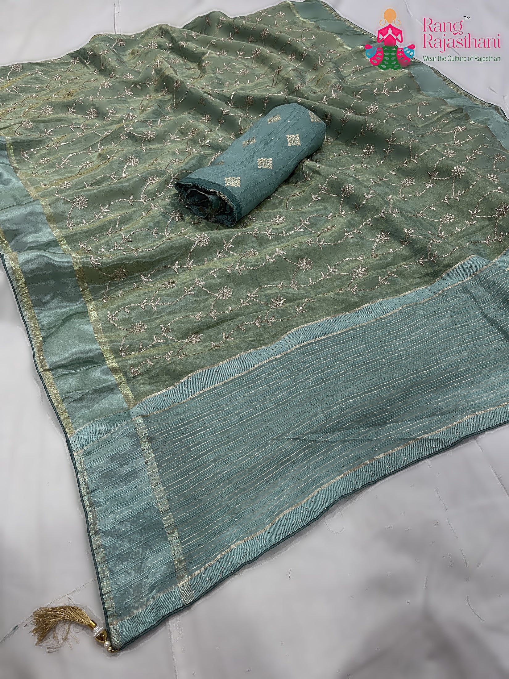 Green Pure Tissue Silk Zari Embroidery Saree : Soft Flow