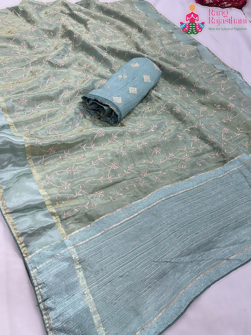 green pure tissue silk zari embroidery saree for festive celebration by Rang Rajasthani