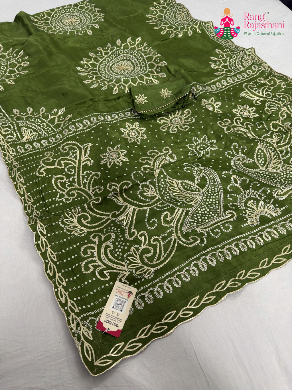 green pure upada silk bandhani saree for mehendi ceremony by Rang Rajasthani