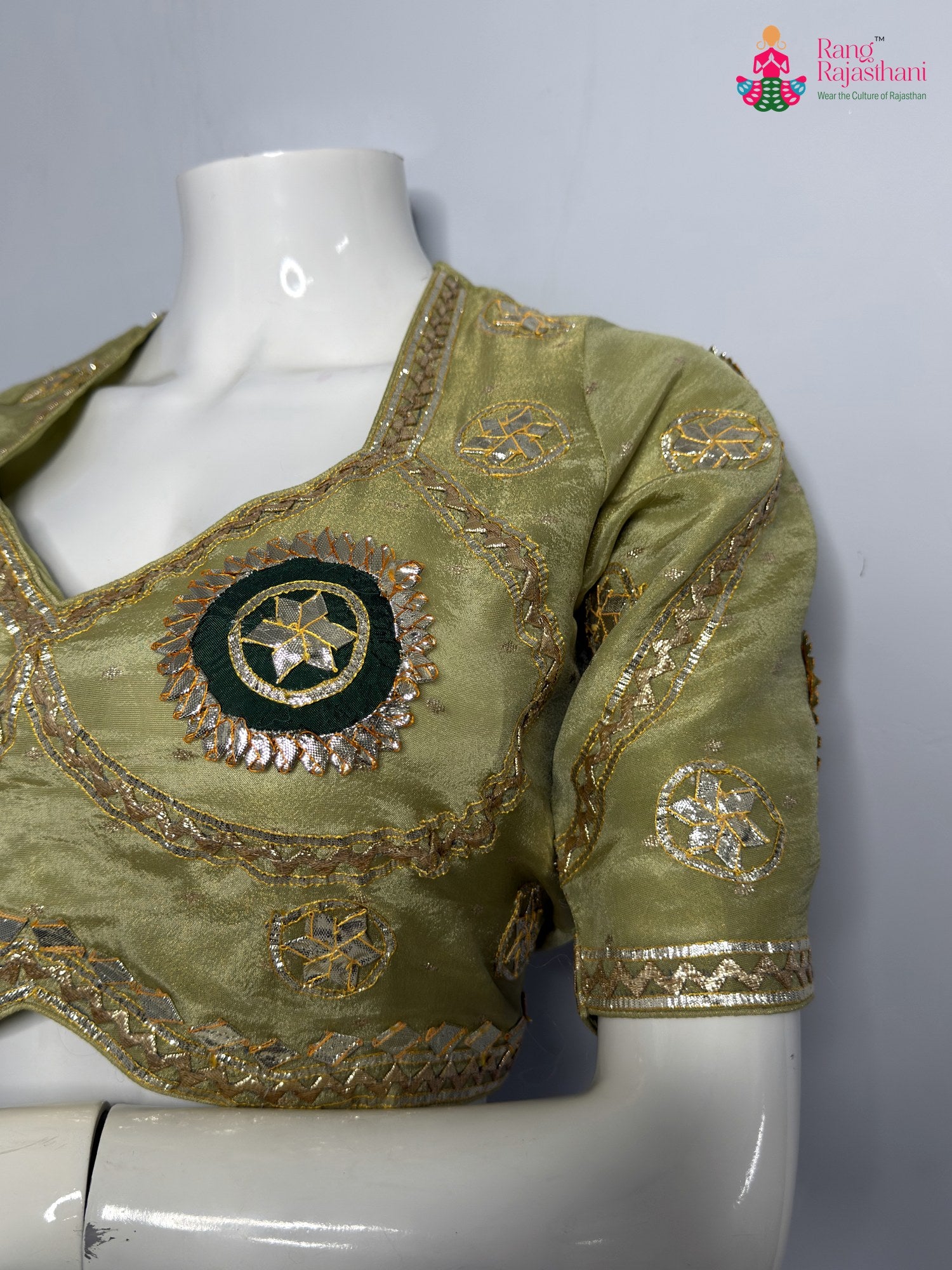 close up detailing of green pure upada silk gota patti blouse 3762