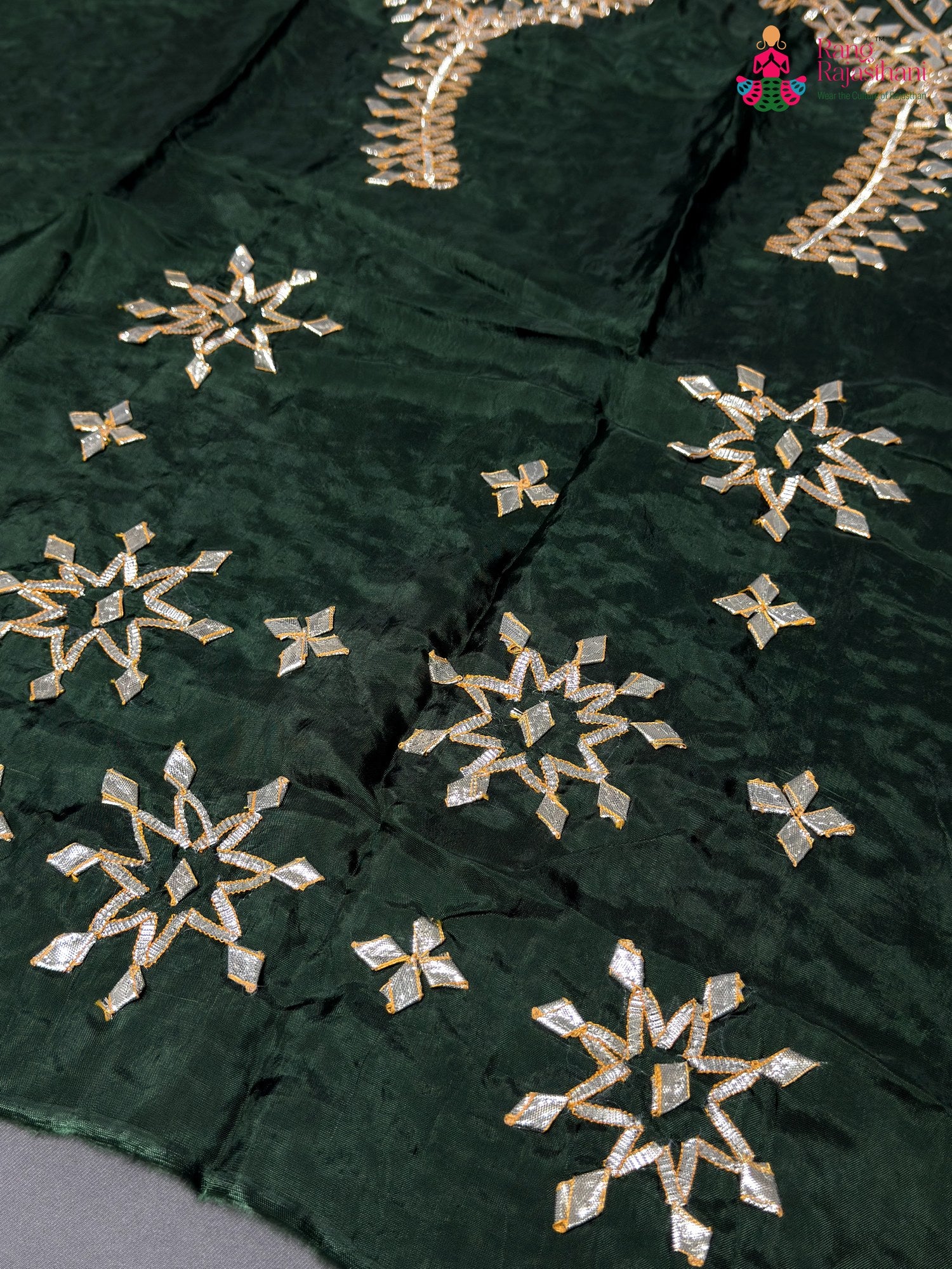 close up detailing of green pure upada silk gota patti blouse 3805