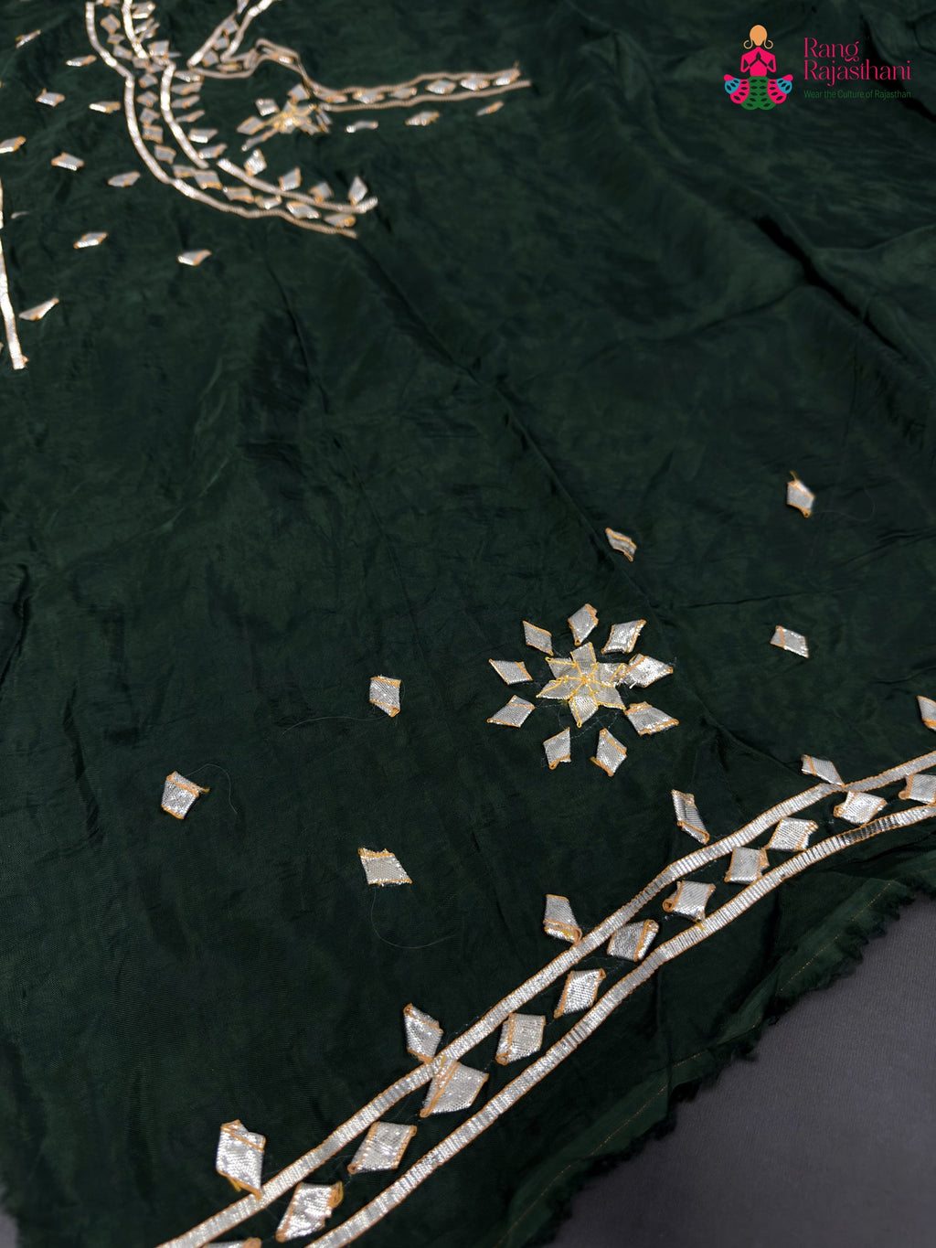 close up detailing of green pure upada silk gota patti blouse 3811