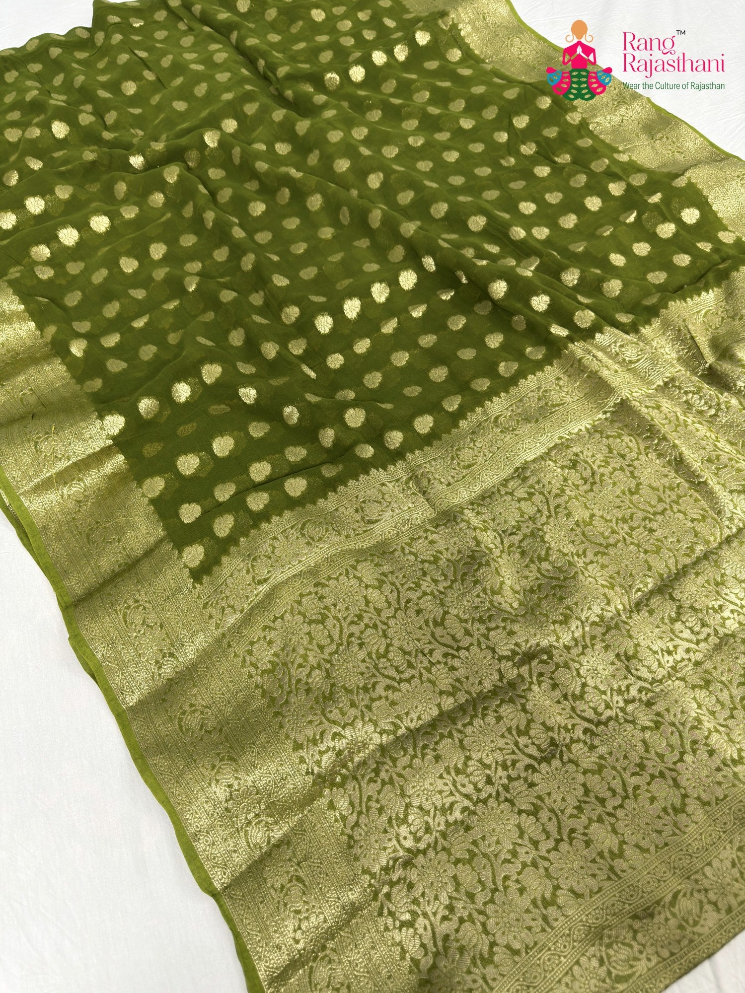 green soft georgette banarasi zari weave saree for mehendi ceremony by Rang Rajasthani