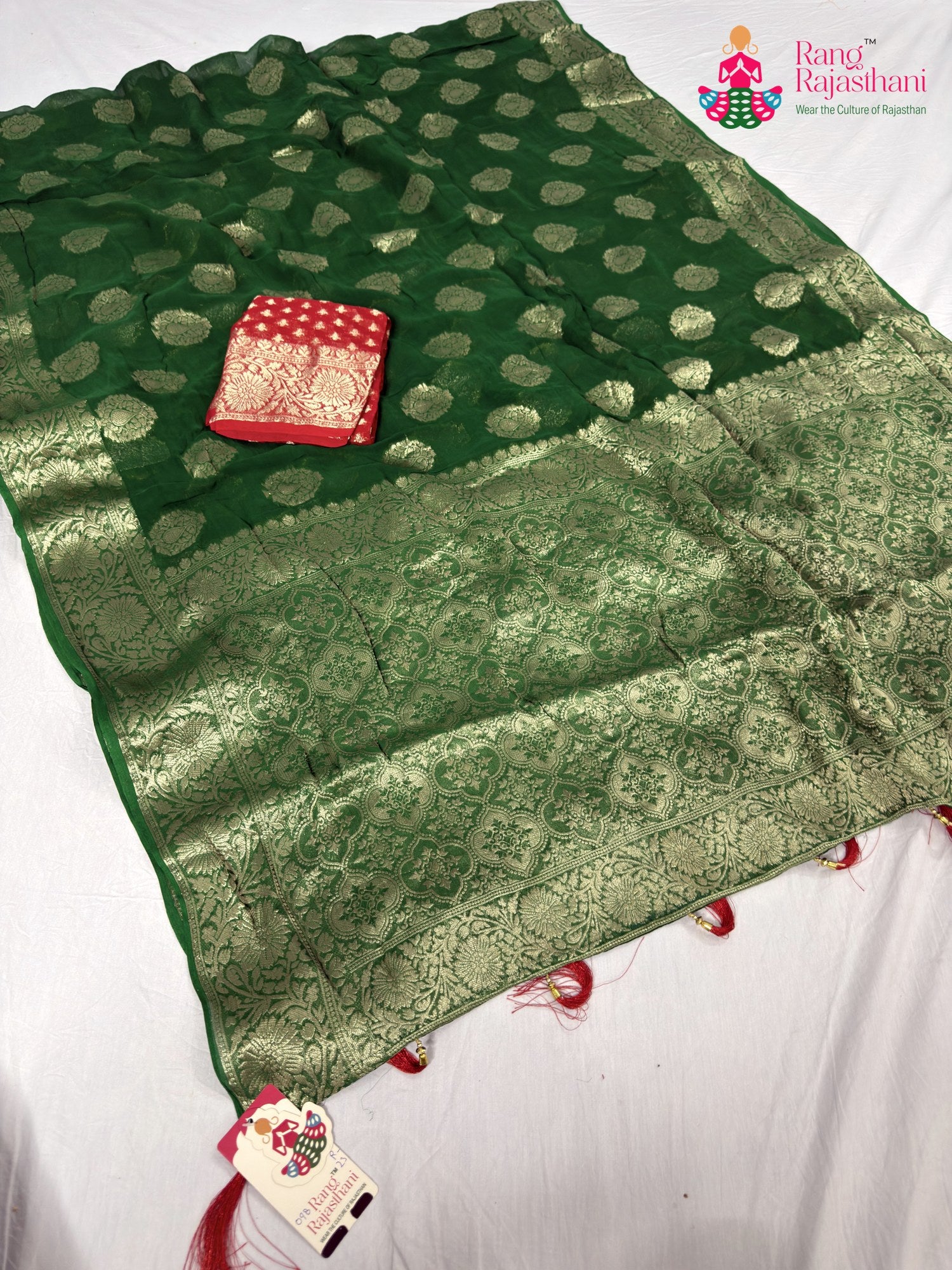 green soft georgette banarasi zari weave saree for mehendi ceremony by Rang Rajasthani