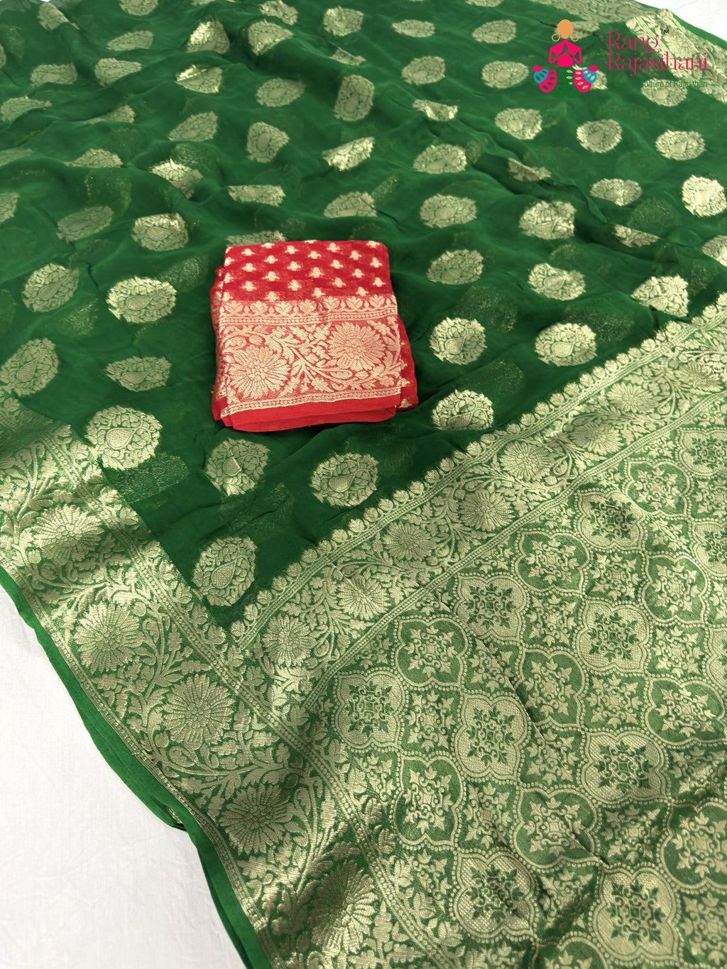 close up detailing of green soft georgette banarasi zari weave saree