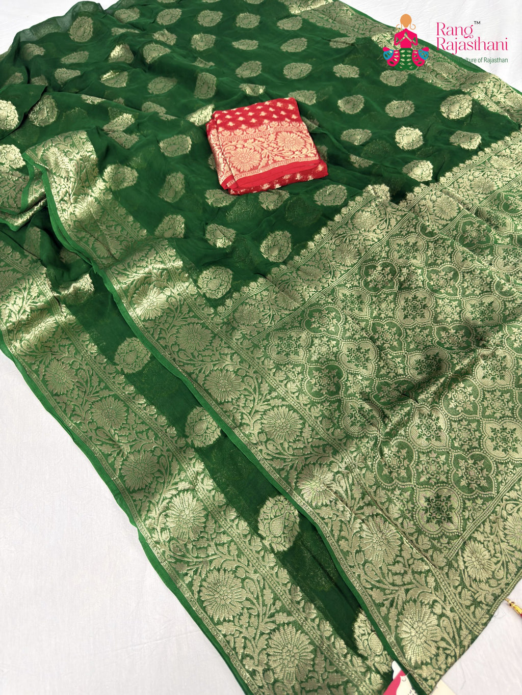 border detailing of green soft georgette banarasi zari weave saree