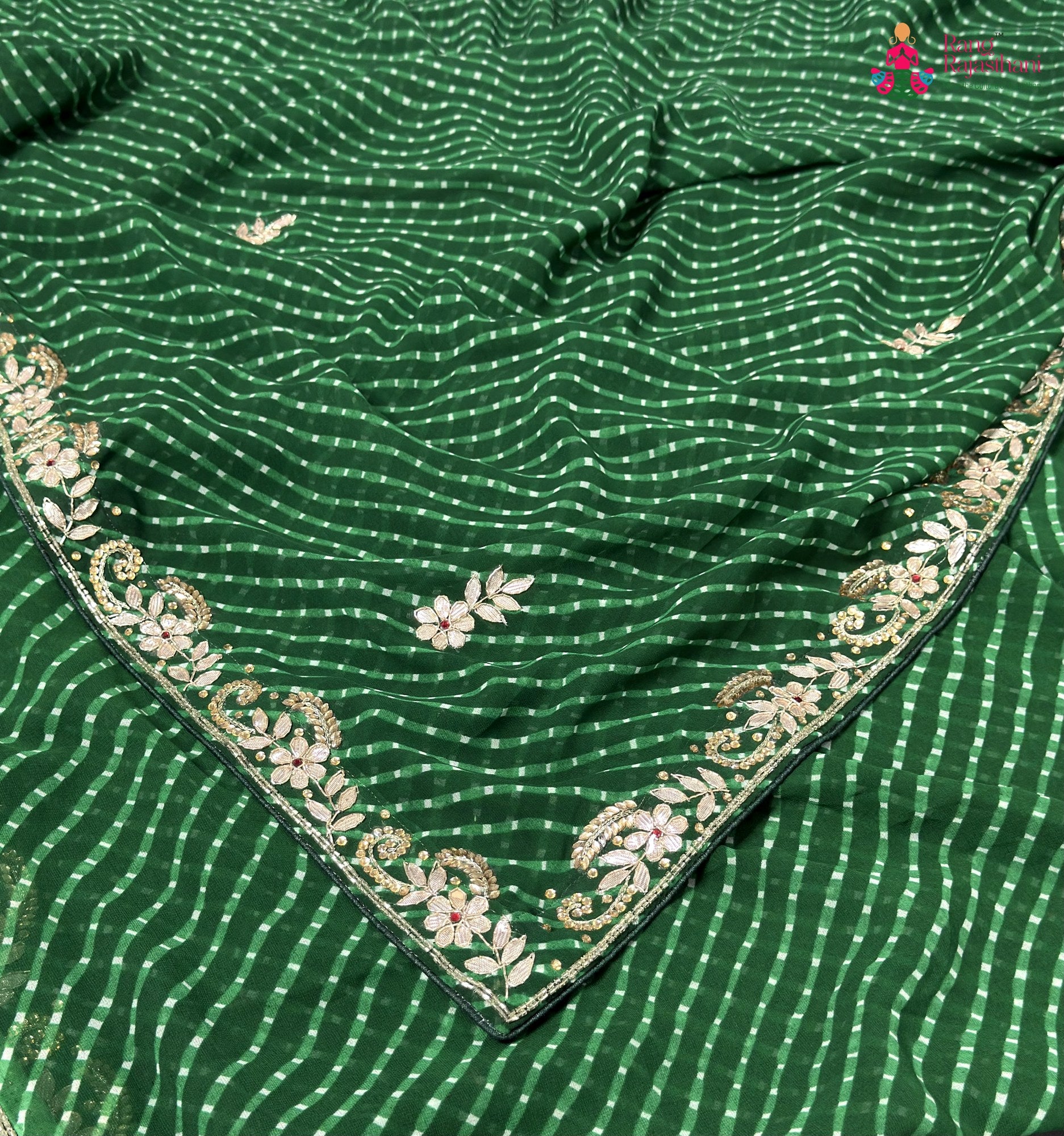 complete look of green soft georgette gota patti saree