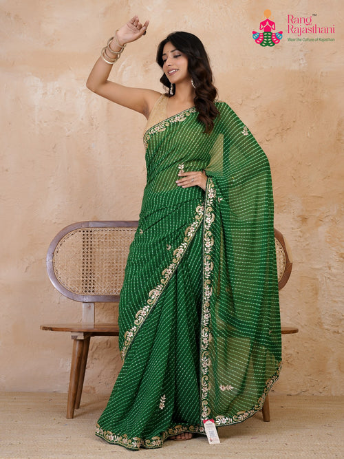 Green Soft Georgette Gota Patti Leheriya Saree for Festive Celebration | Reception Pick main-image