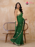 pallu detailing of green soft georgette gota patti saree