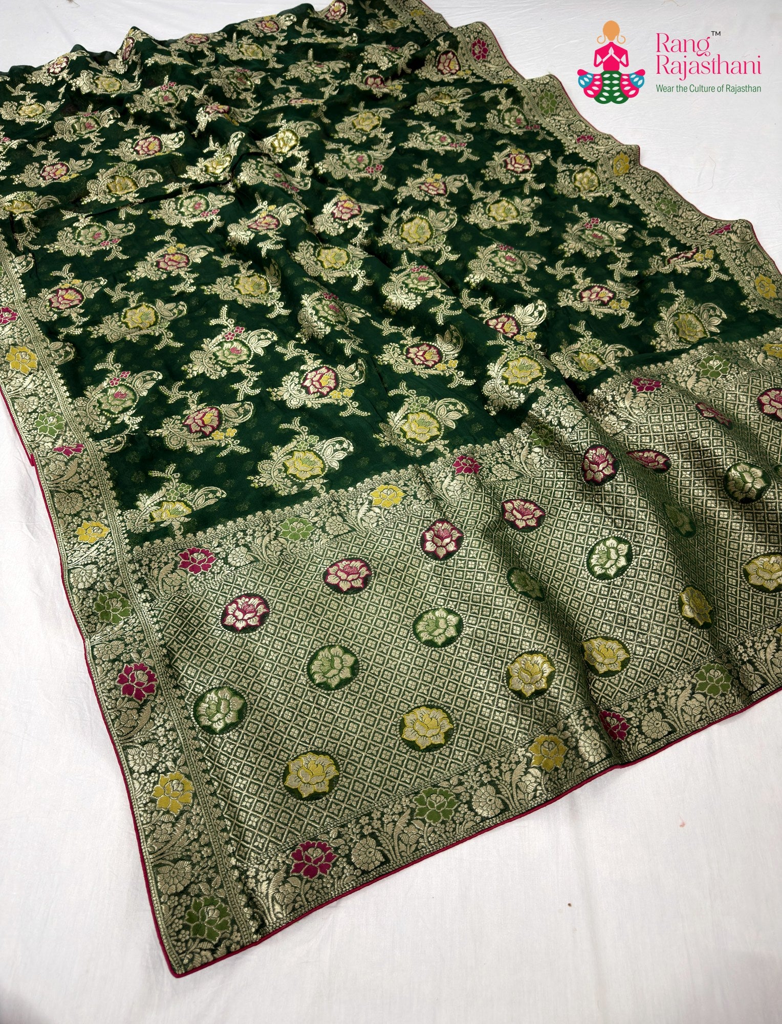 green soft georgette meenakari zari saree for wedding reception by Rang Rajasthani