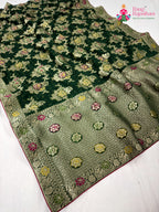 pallu detailing of green soft georgette meenakari zari saree
