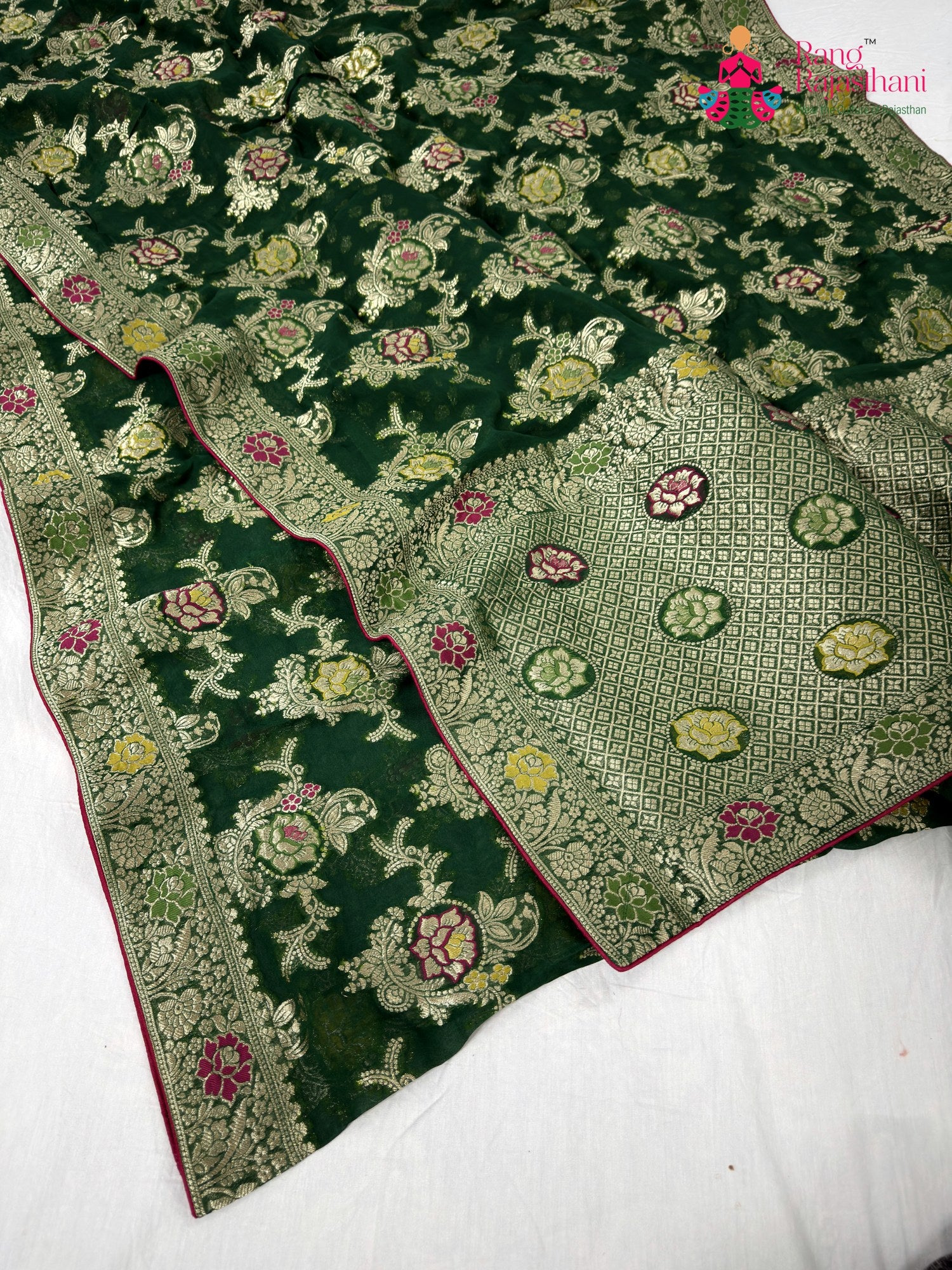 complete look of green soft georgette meenakari zari saree