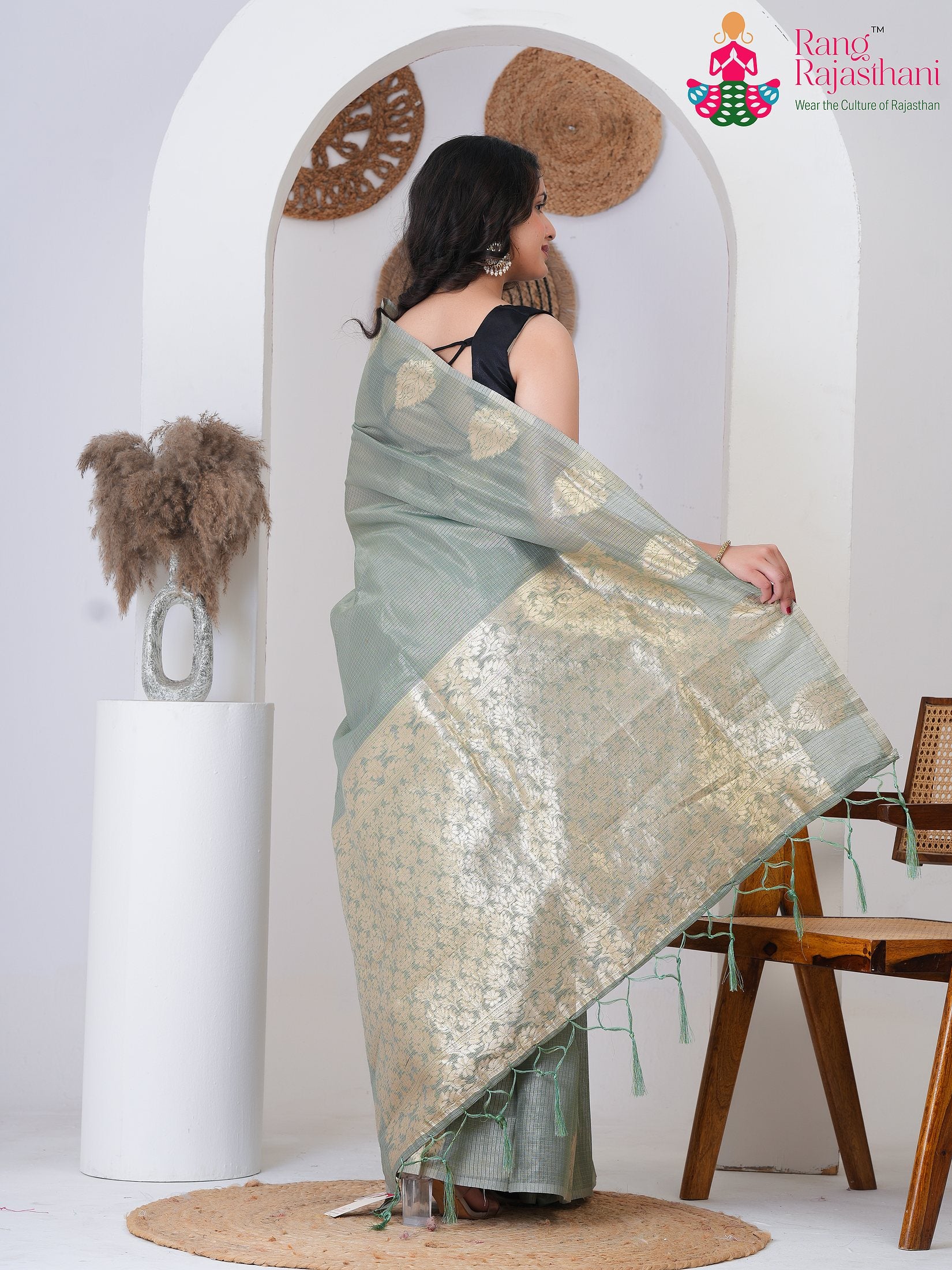 Pista Imported saree with Printed back view